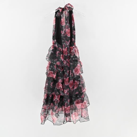RIHOAS Dress Size S VNeck Floral Print Tiered Layered Halter Midi Black Pink NEW - Picture 5 of 12